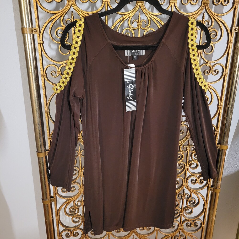 Deadstock Vintage 90s Cold Shoulder Long Sleeve Top Brown Gold